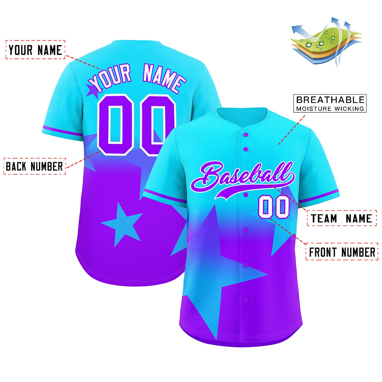 Custom Lt Blue Purple Gradient Star Graffiti Pattern Authentic Baseball Jersey