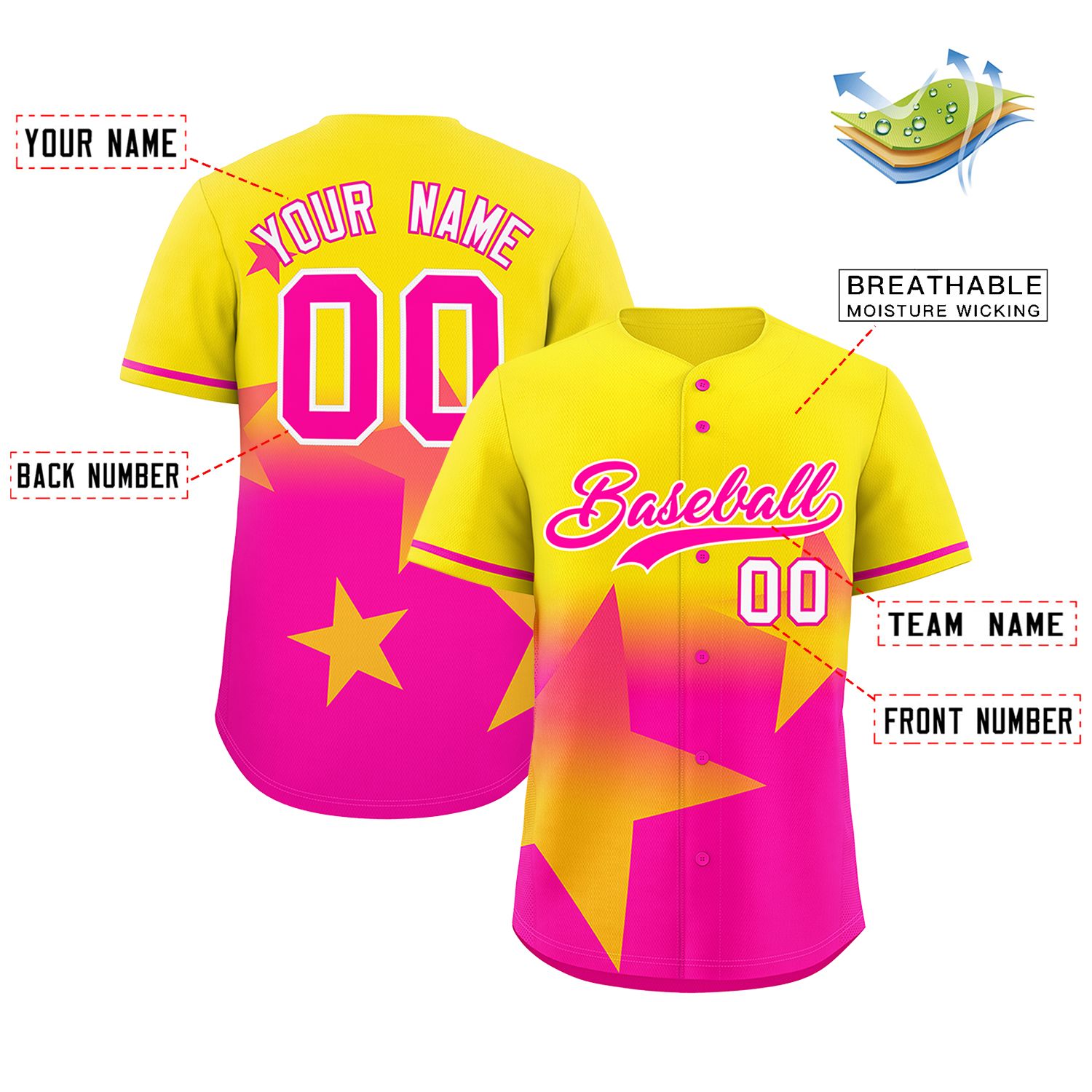 Custom Gold Pink Gradient Star Graffiti Pattern Authentic Baseball Jersey