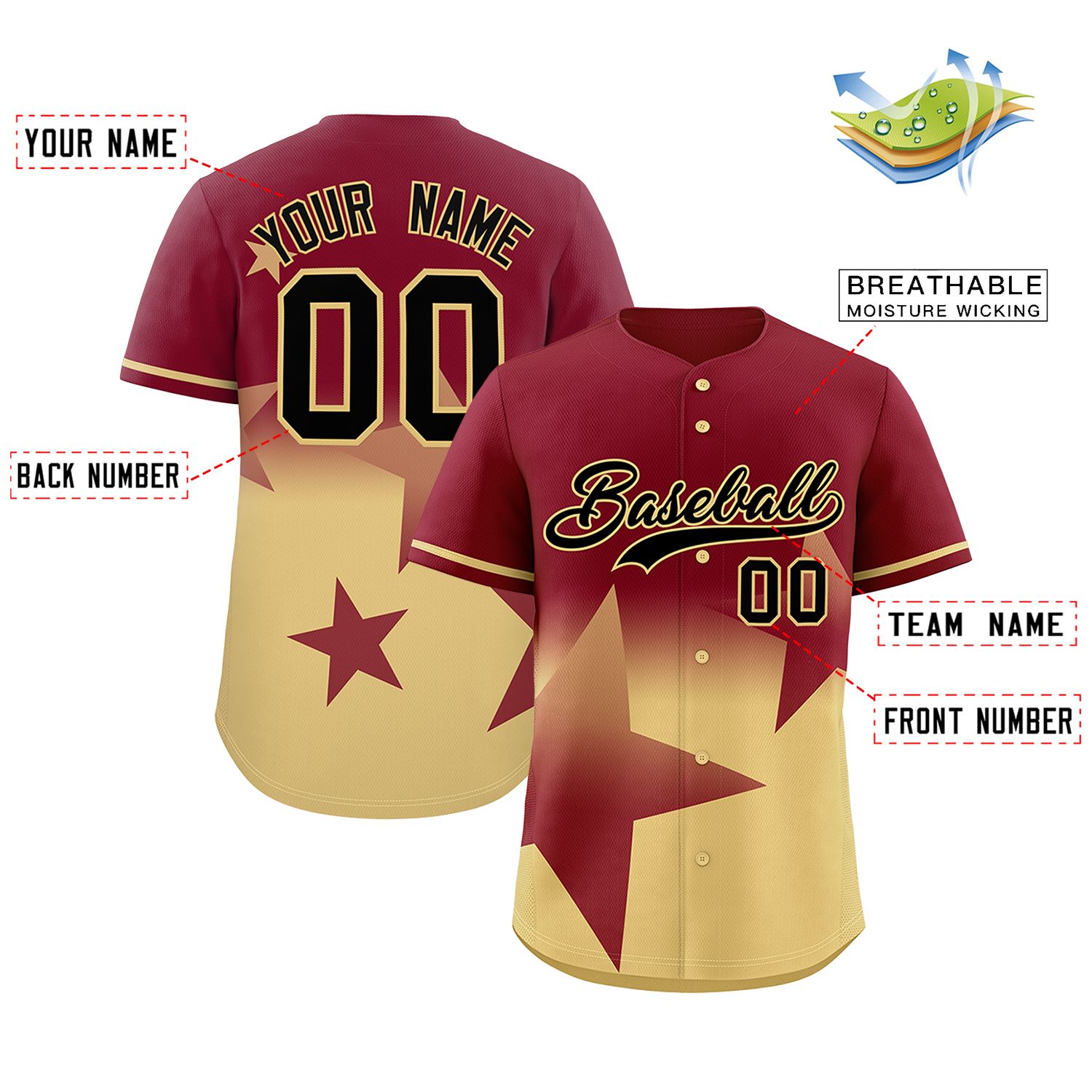 Custom Crimson Khaki Gradient Star Graffiti Pattern Authentic Baseball Jersey