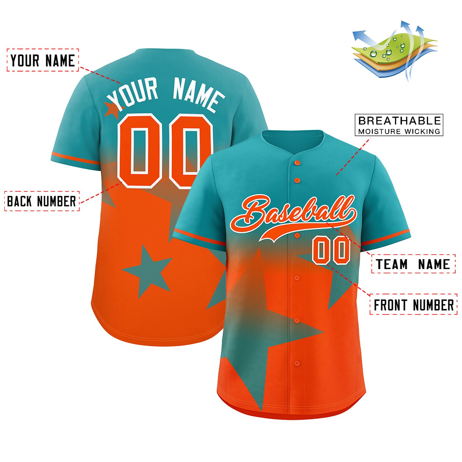 Custom Aqua Orange Gradient Star Graffiti Pattern Authentic Baseball Jersey