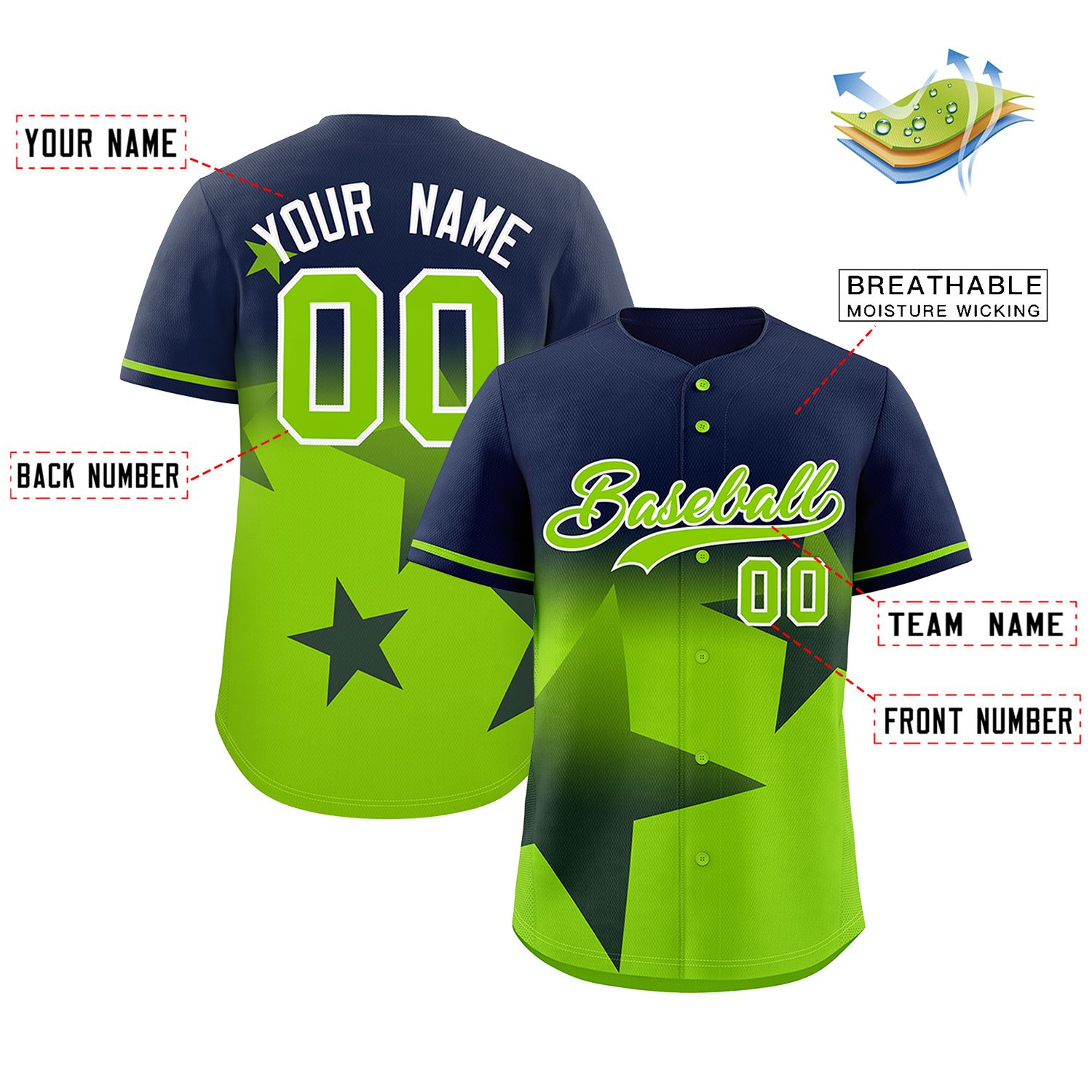 Custom Navy Neon Green Gradient Star Graffiti Pattern Authentic Baseball Jersey