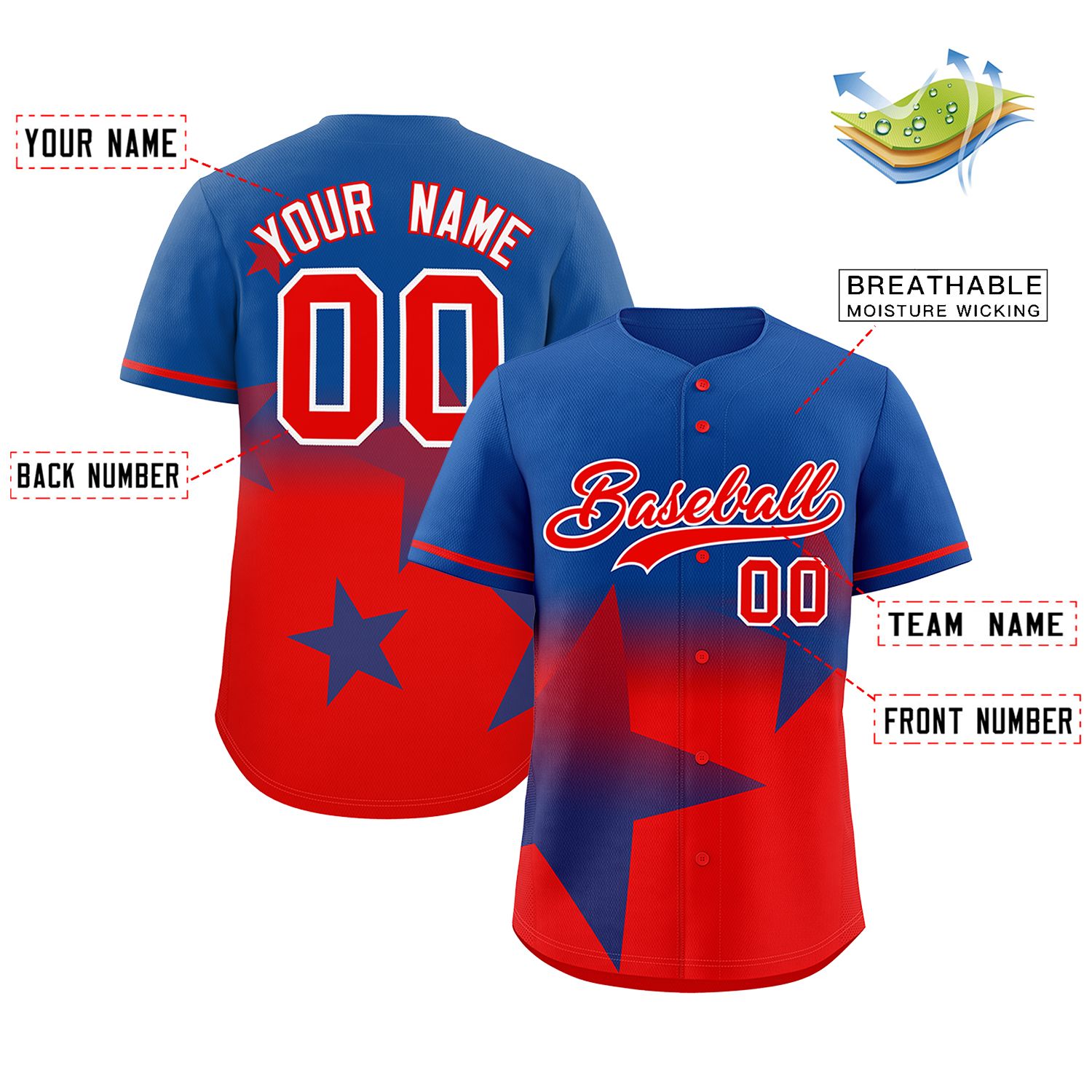 Custom Royal Red Gradient Star Graffiti Pattern Authentic Baseball Jersey