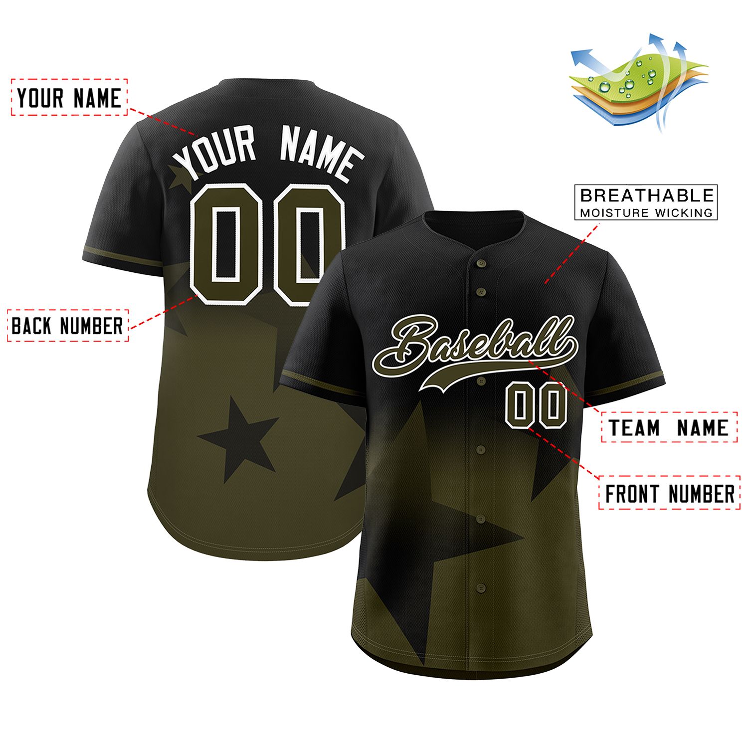 Custom Black Olive Gradient Star Graffiti Pattern Authentic Baseball Jersey