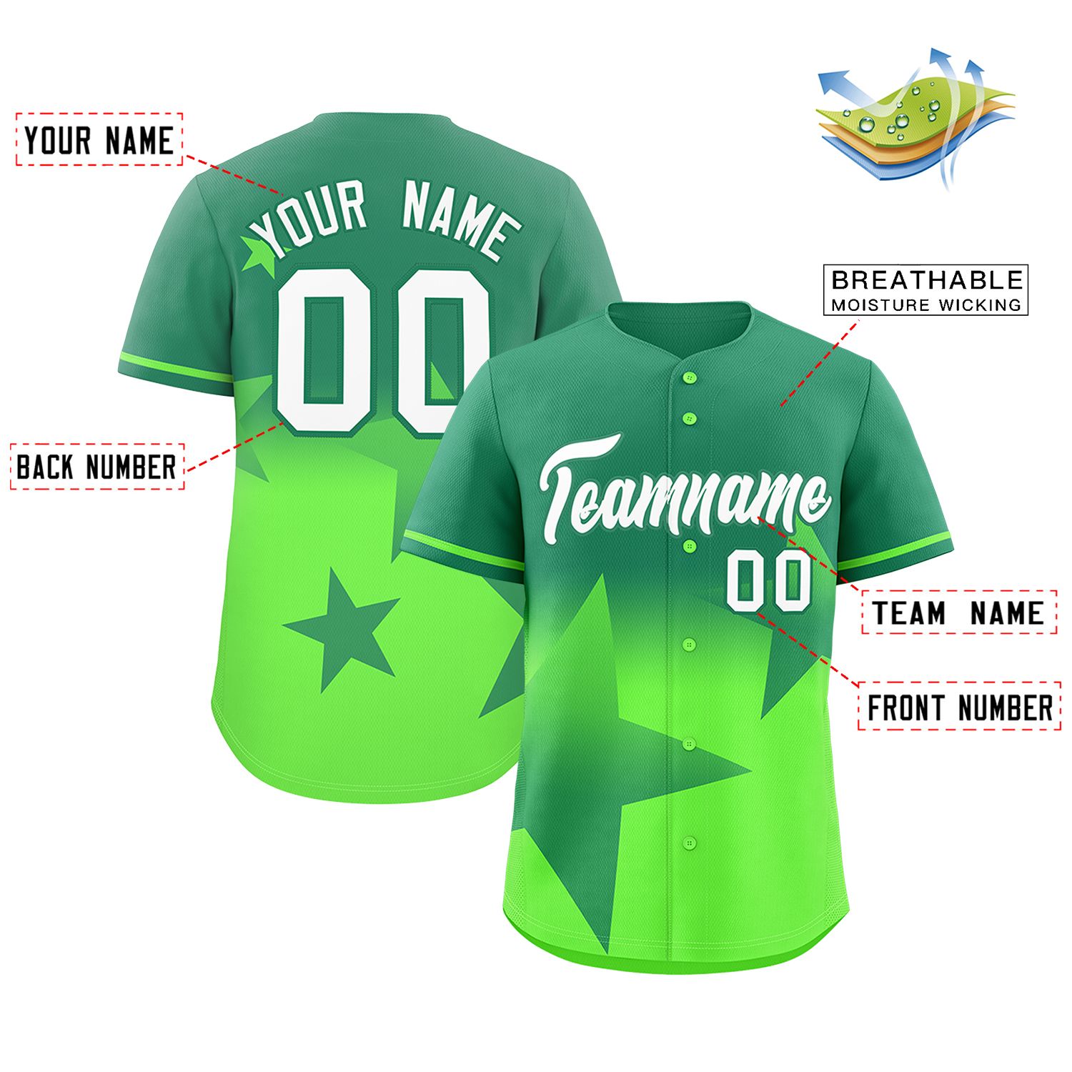 Custom Kelly Green-Lt Green Gradient Star Graffiti Pattern Authentic Baseball Jersey