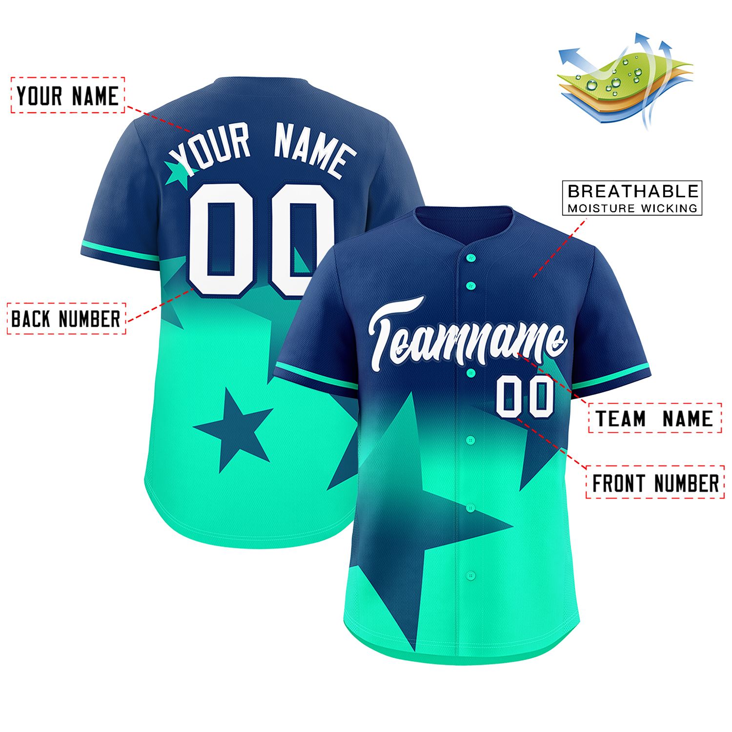 Custom Navy Lt Green Gradient Star Graffiti Pattern Authentic Baseball Jersey