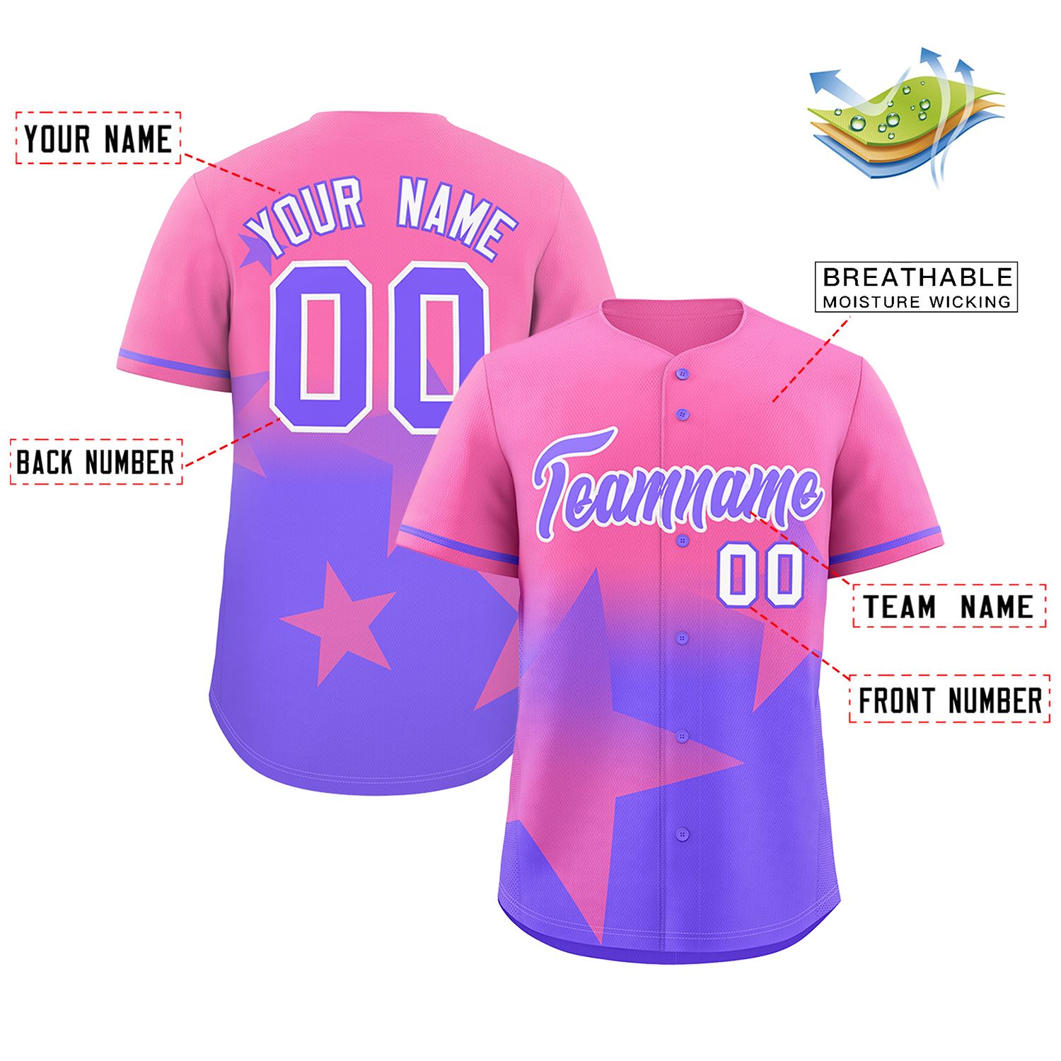 Custom Pink Purple Gradient Star Graffiti Pattern Authentic Baseball Jersey