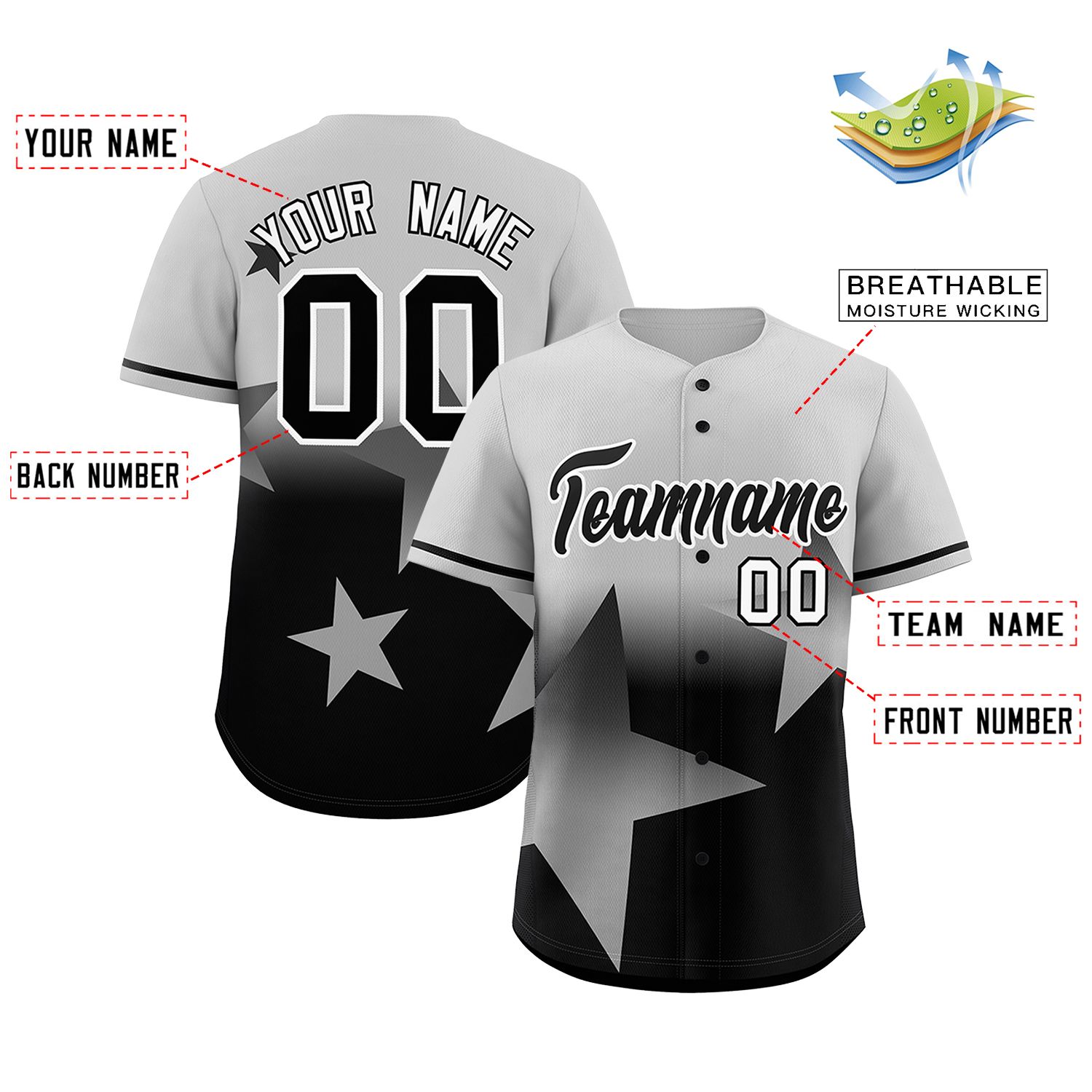 Custom Gray Black Gradient Star Graffiti Pattern Authentic Baseball Jersey