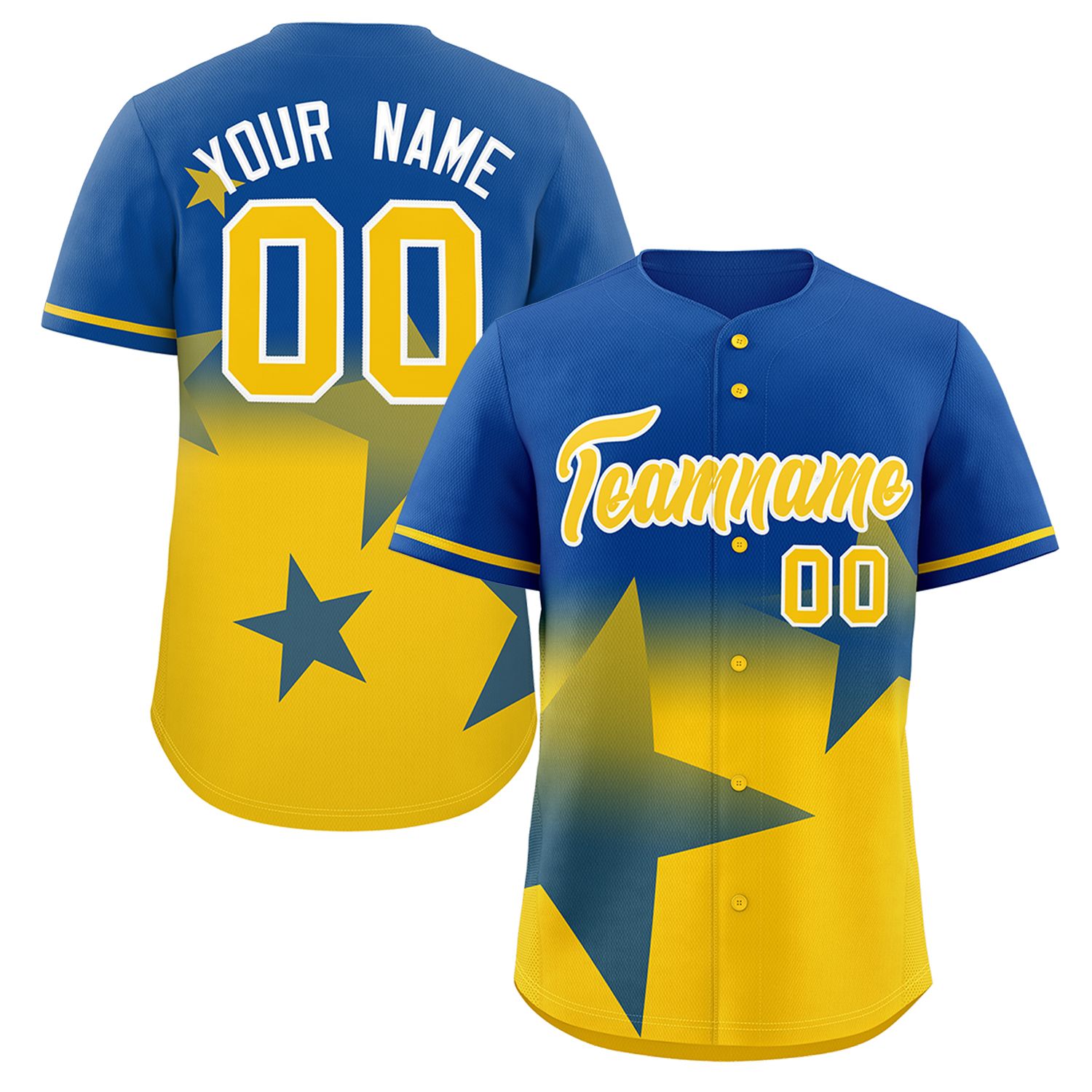 Custom Royal Yellow Gradient Star Graffiti Pattern Authentic Baseball Jersey