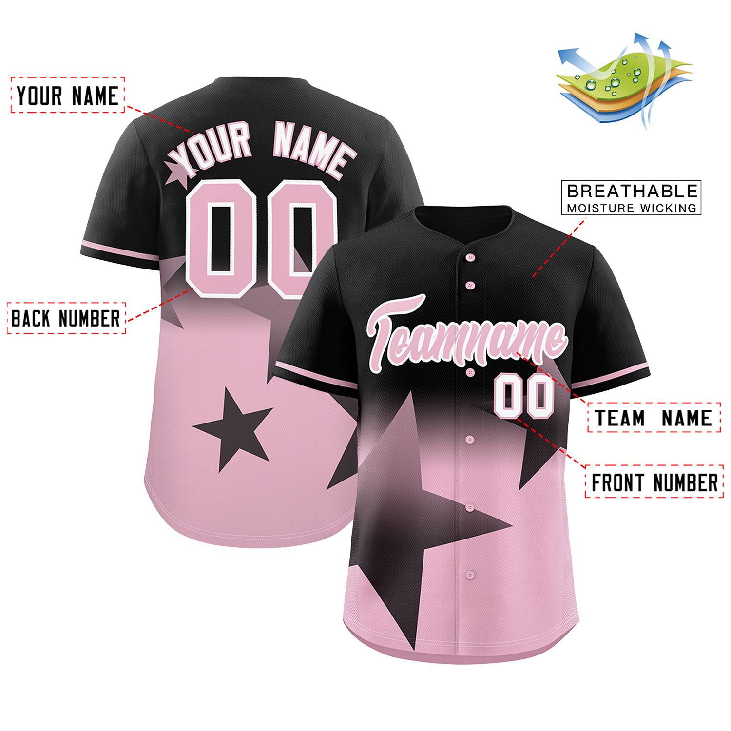 Custom Black Pink Gradient Star Graffiti Pattern Authentic Baseball Jersey