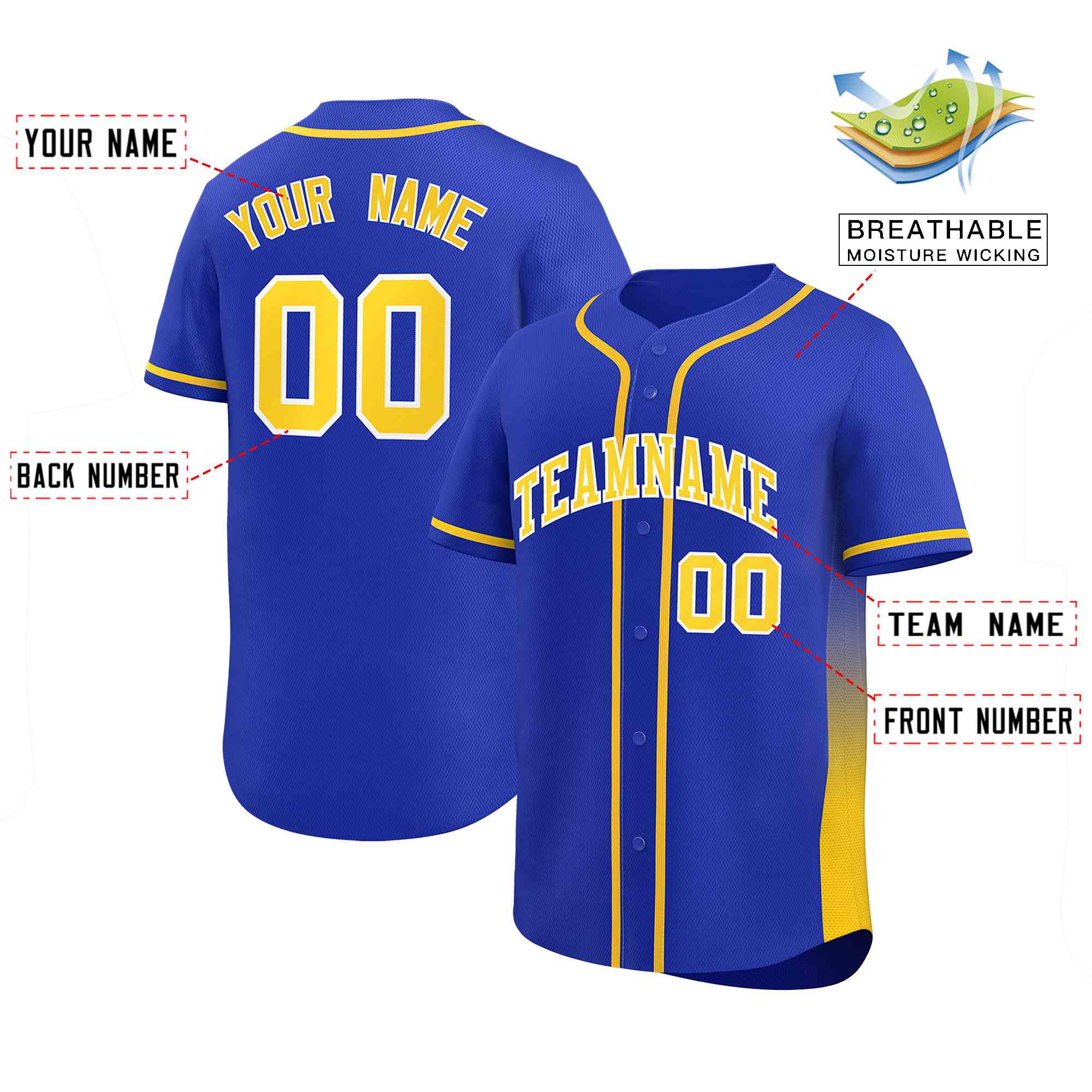 Custom Royal Gold Personalized Gradient Side Design Authentic Baseball Jersey