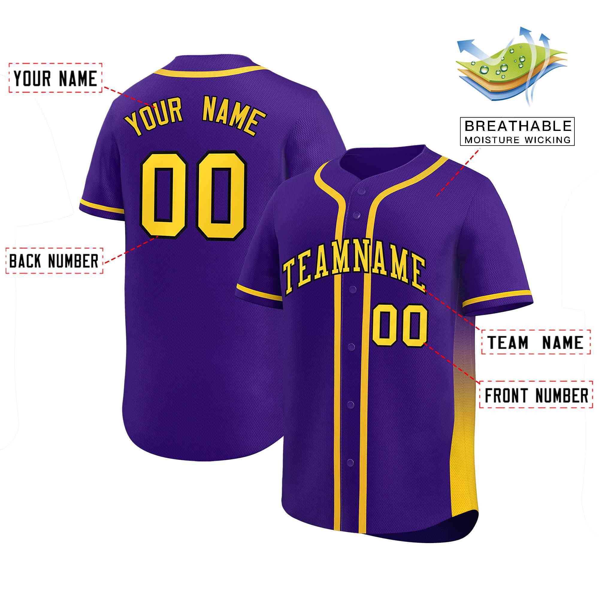 Custom Purple Gold Personalized Gradient Side Design Authentic Baseball Jersey