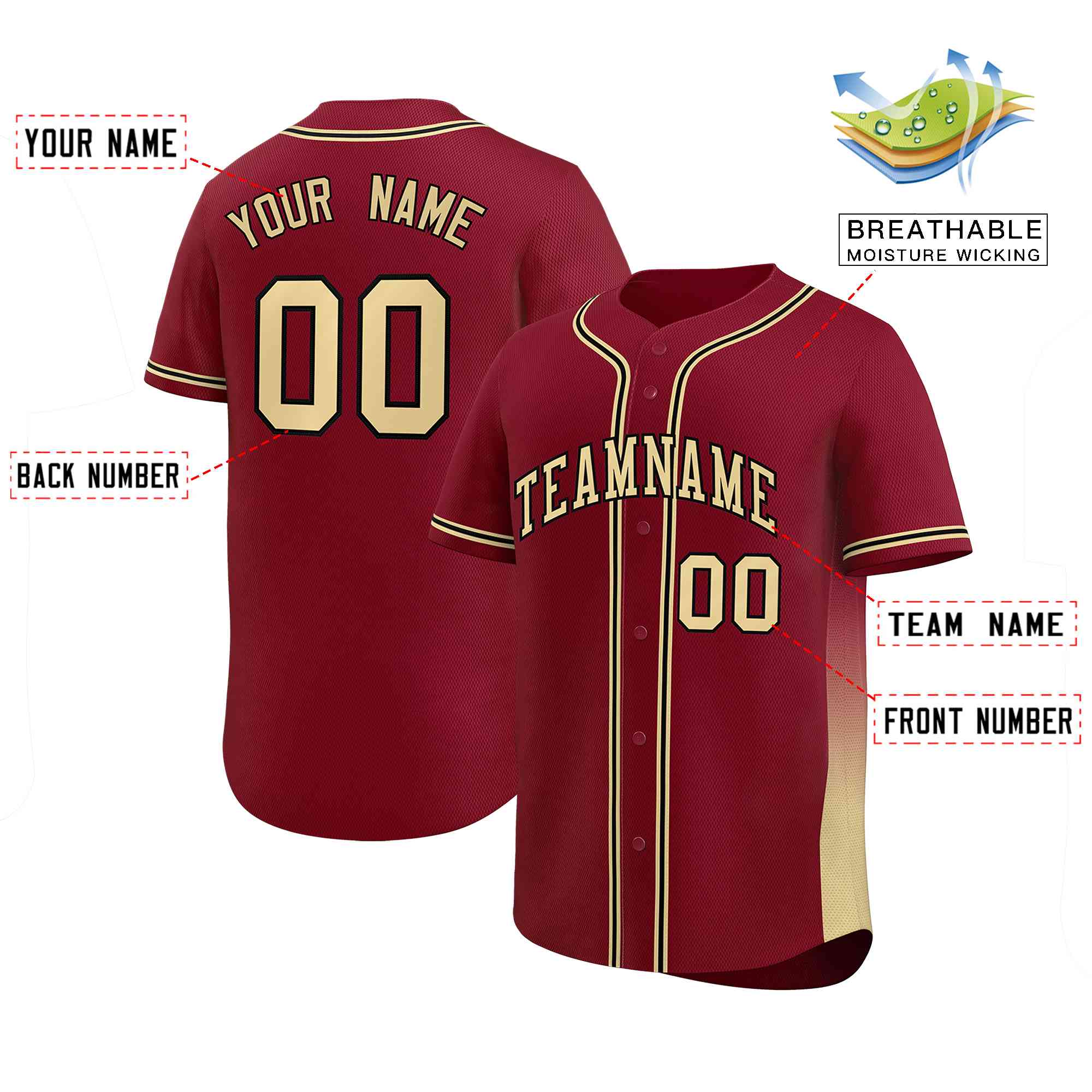 Custom Crimson Khaki Personalized Gradient Side Design Authentic Baseball Jersey