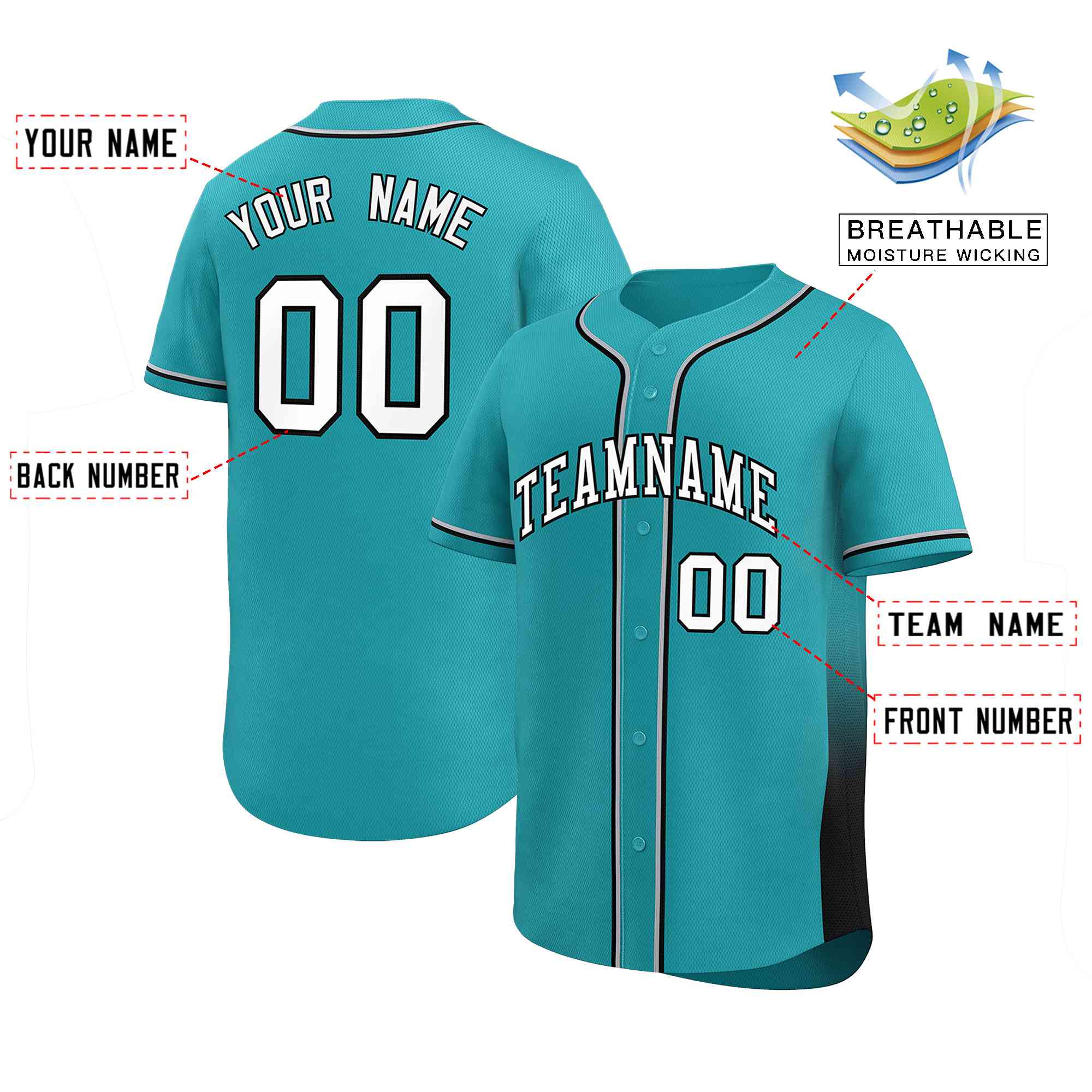 Custom Aqua Black Personalized Gradient Side Design Authentic Baseball Jersey