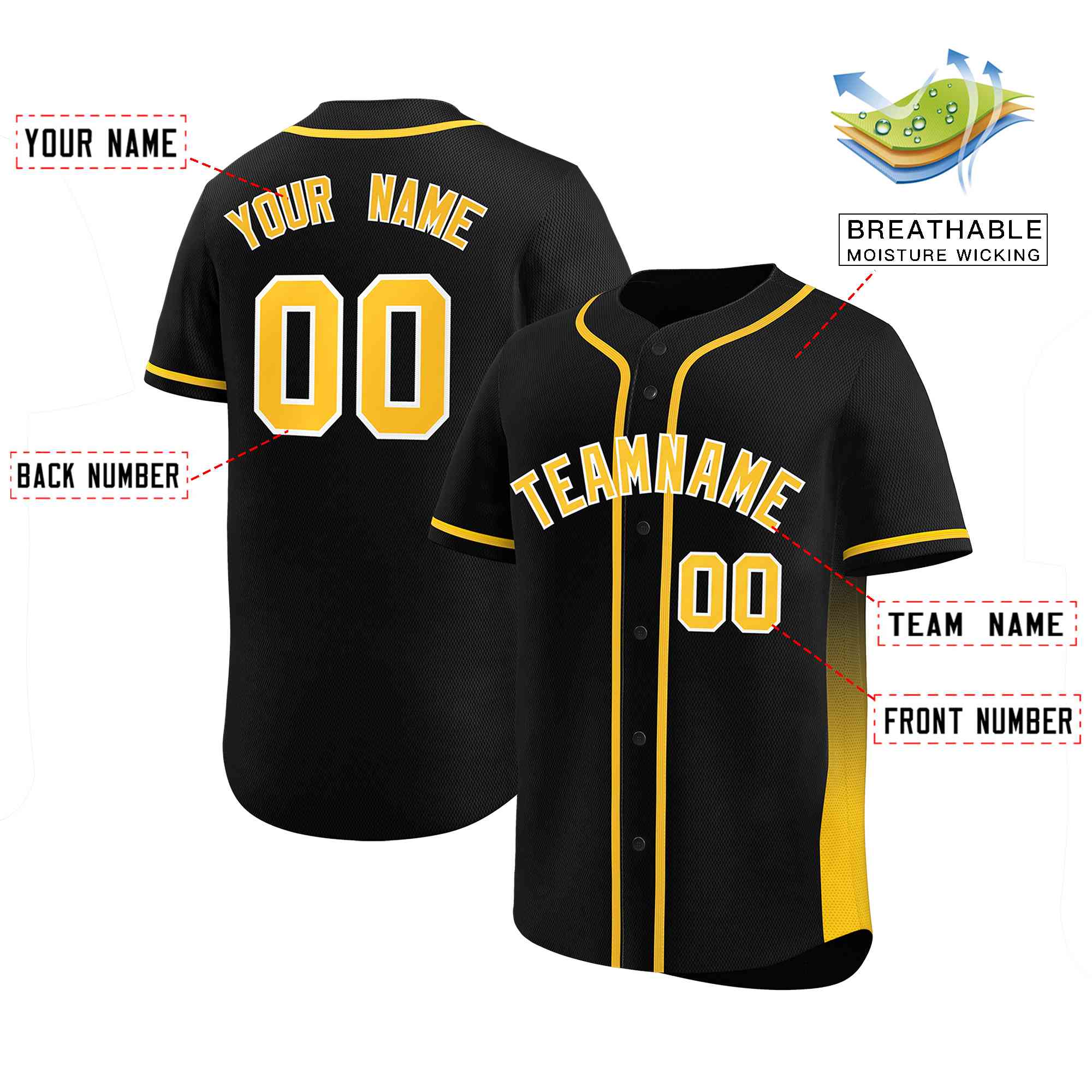 Custom Black Gold Personalized Gradient Side Design Authentic Baseball Jersey