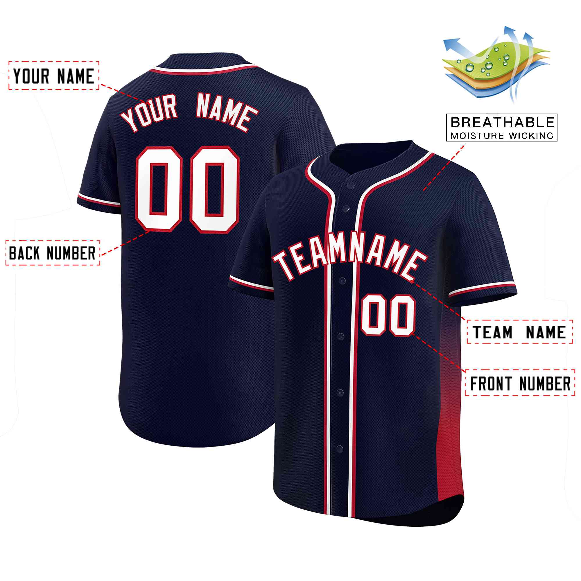 Custom Navy Red Personalized Gradient Side Design Authentic Baseball Jersey