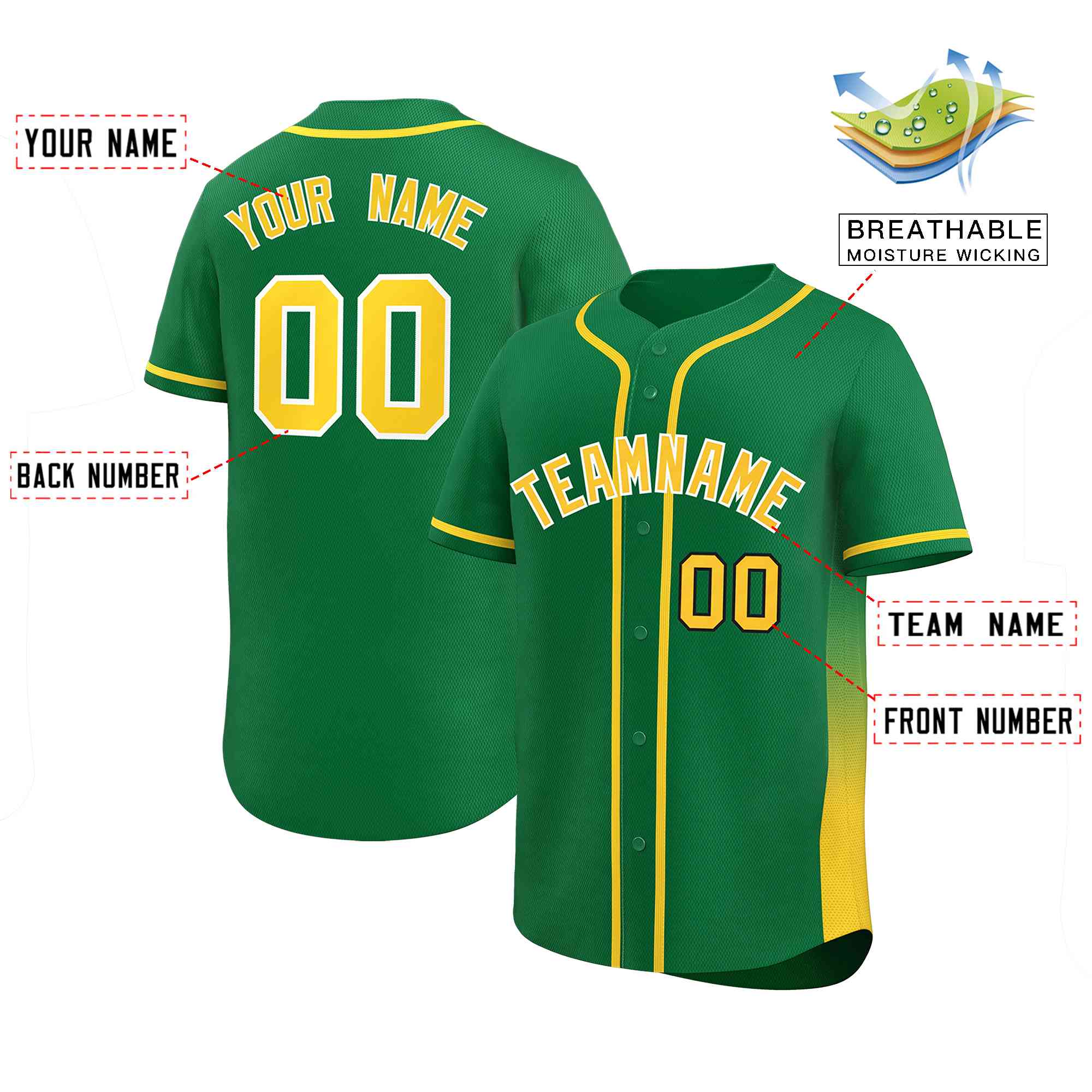 Custom Kelly Green Gold Personalized Gradient Side Design Authentic Baseball Jersey