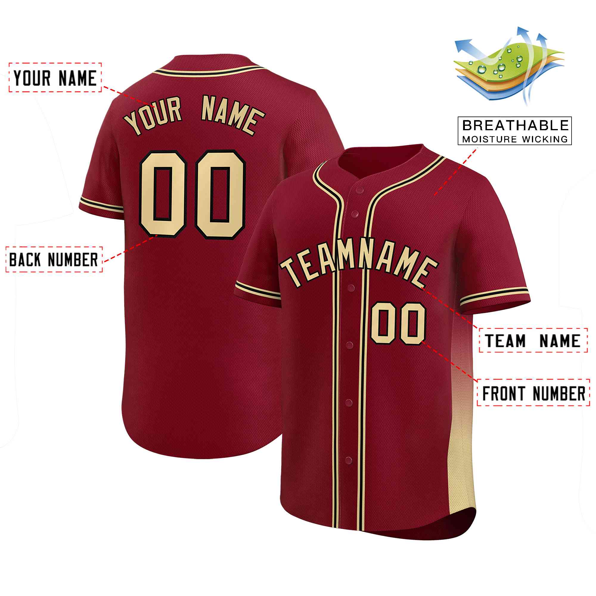 Custom Crimson Khaki Personalized Gradient Side Design Authentic Baseball Jersey