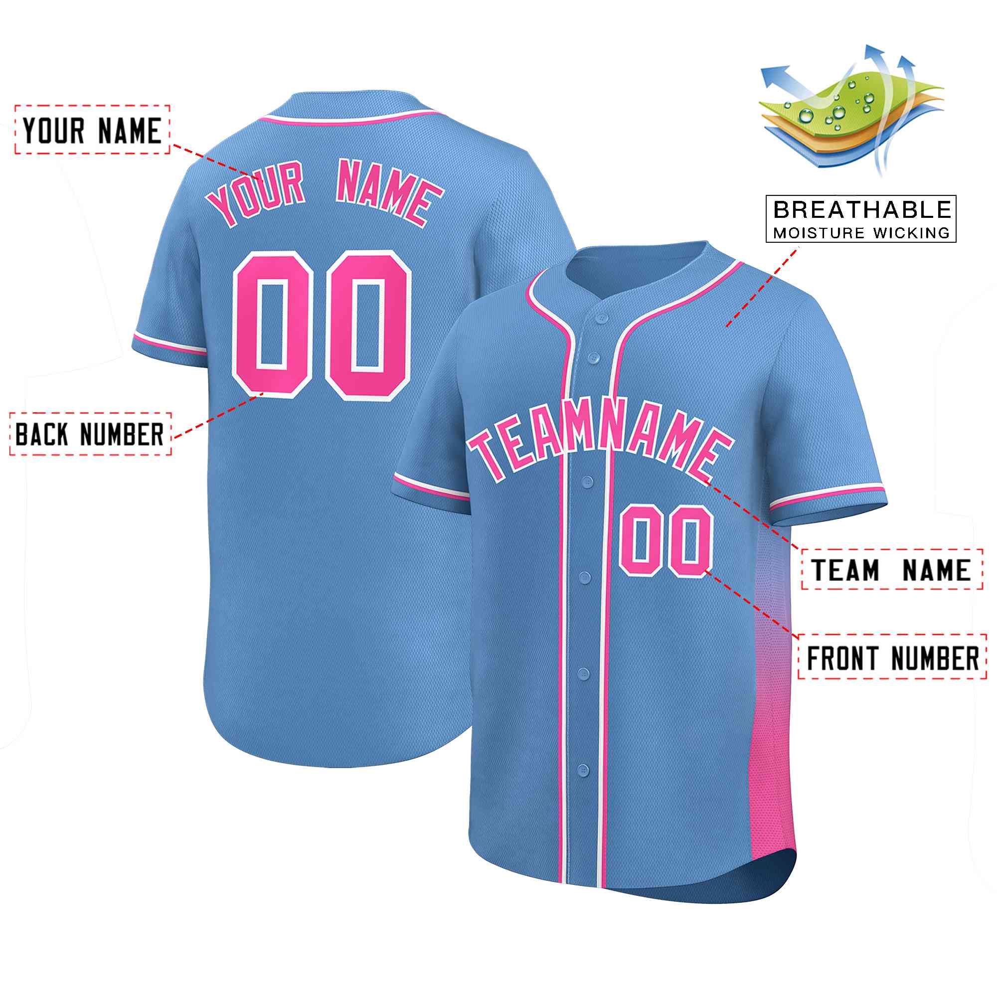 Custom Light Blue Pink Personalized Gradient Side Design Authentic Baseball Jersey