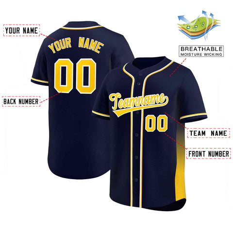 Custom Navy Gold Personalized Gradient Side Design Authentic Baseball Jersey