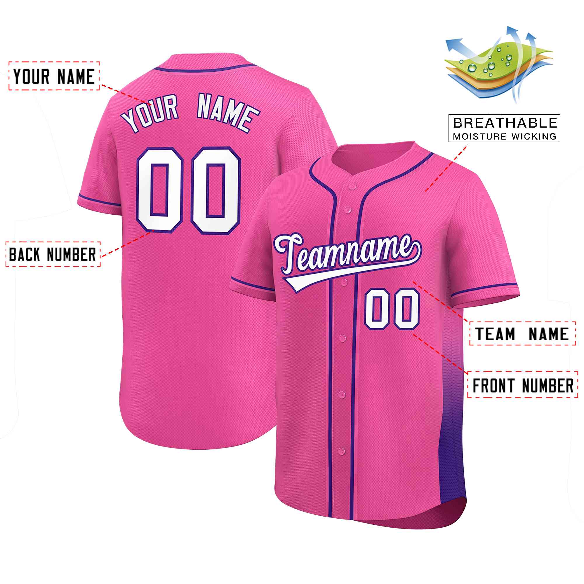 Custom Pink Purple Personalized Gradient Side Design Authentic Baseball Jersey