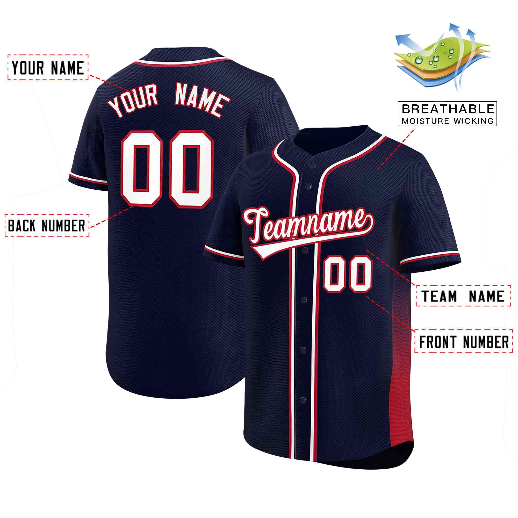 Custom Navy Red Personalized Gradient Side Design Authentic Baseball Jersey