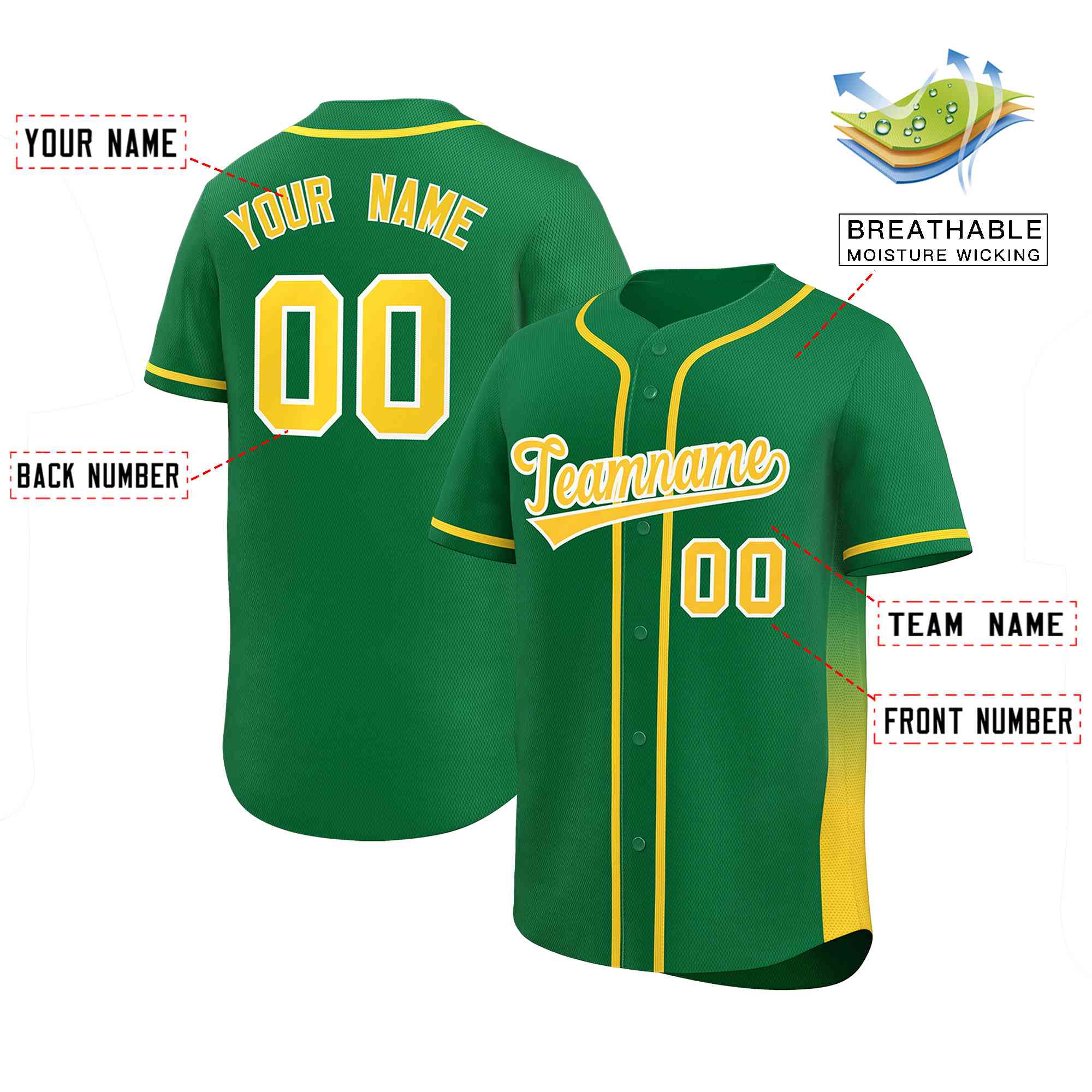 Custom Kelly Green Gold Personalized Gradient Side Design Authentic Baseball Jersey