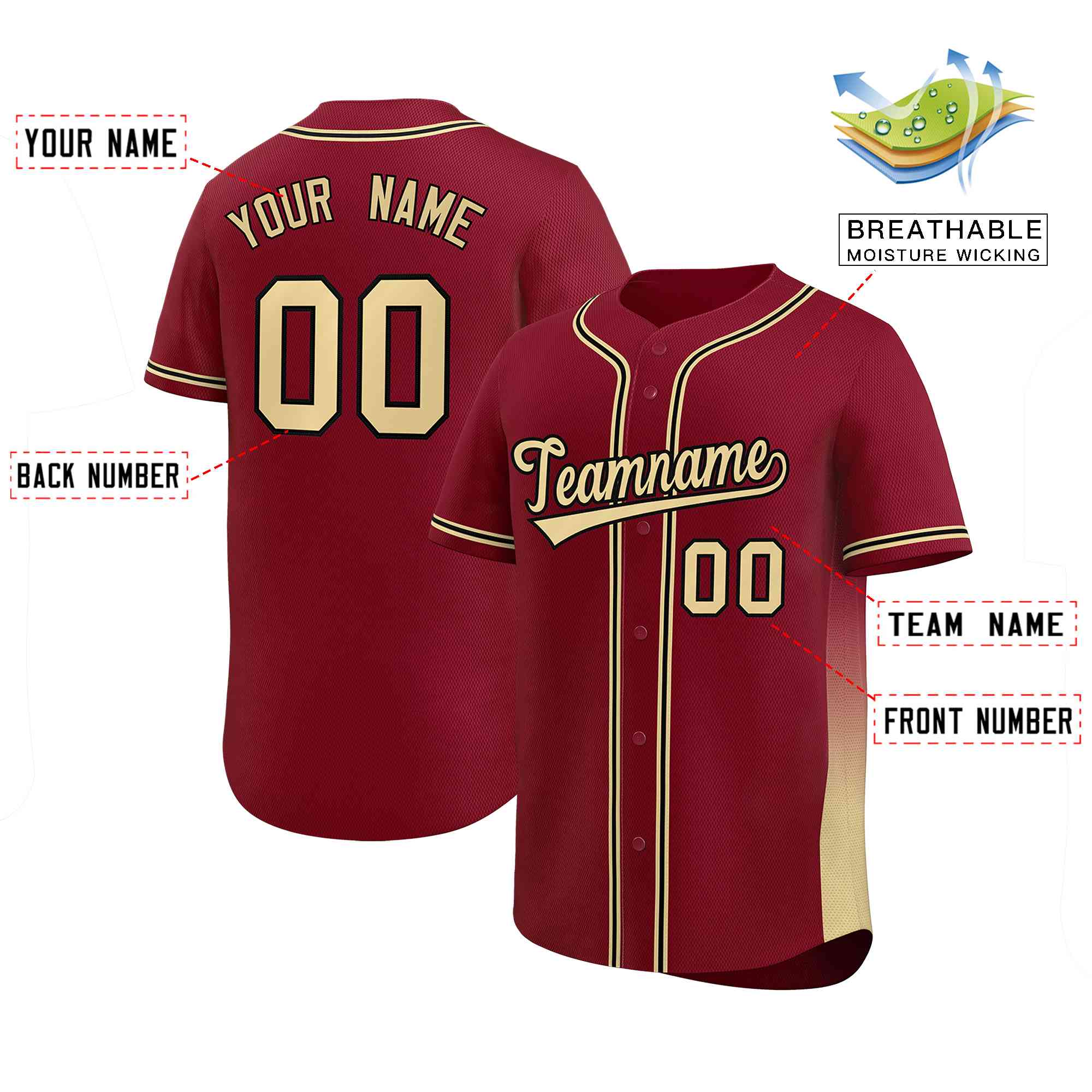 Custom Crimson Khaki Personalized Gradient Side Design Authentic Baseball Jersey