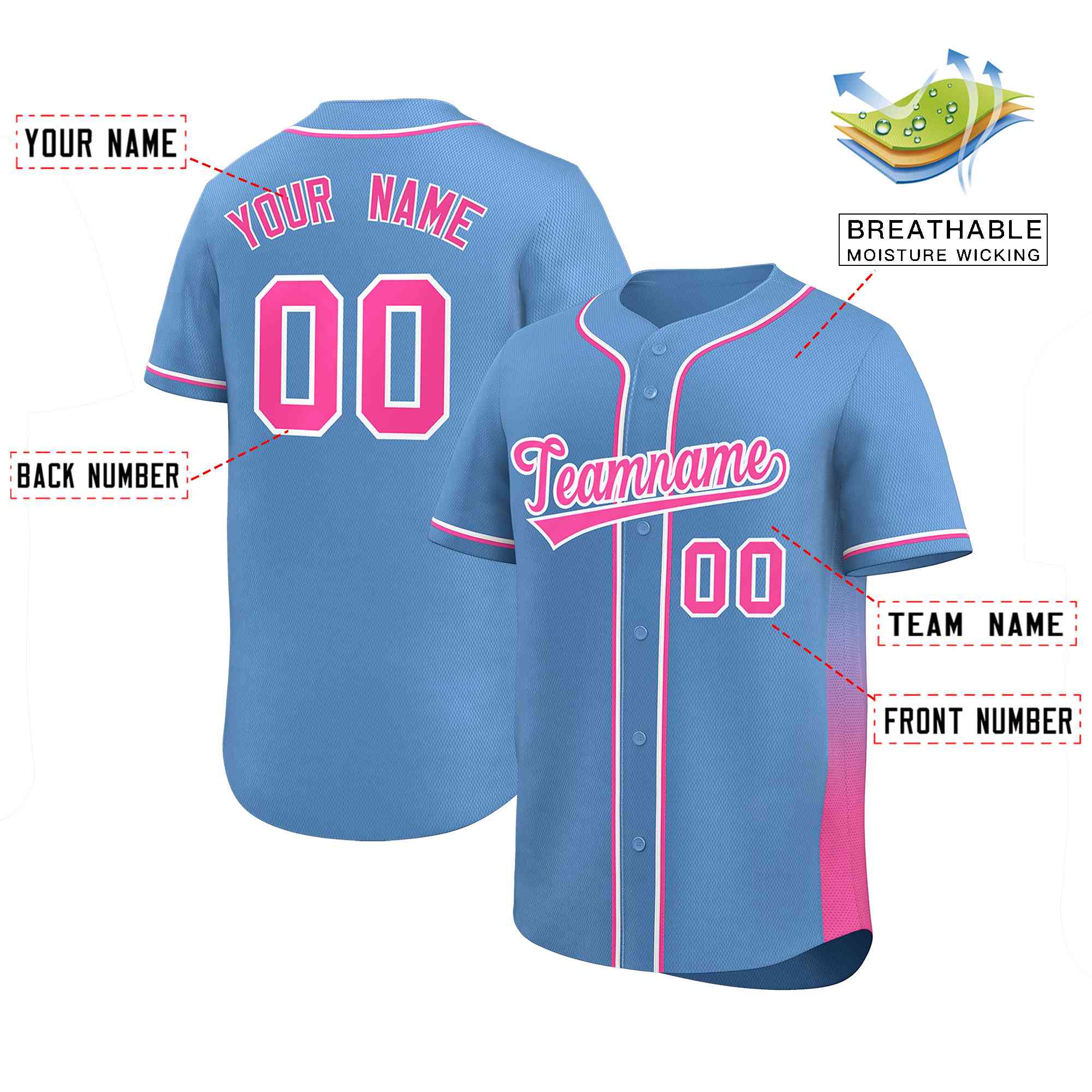 Custom Light Blue Pink Personalized Gradient Side Design Authentic Baseball Jersey