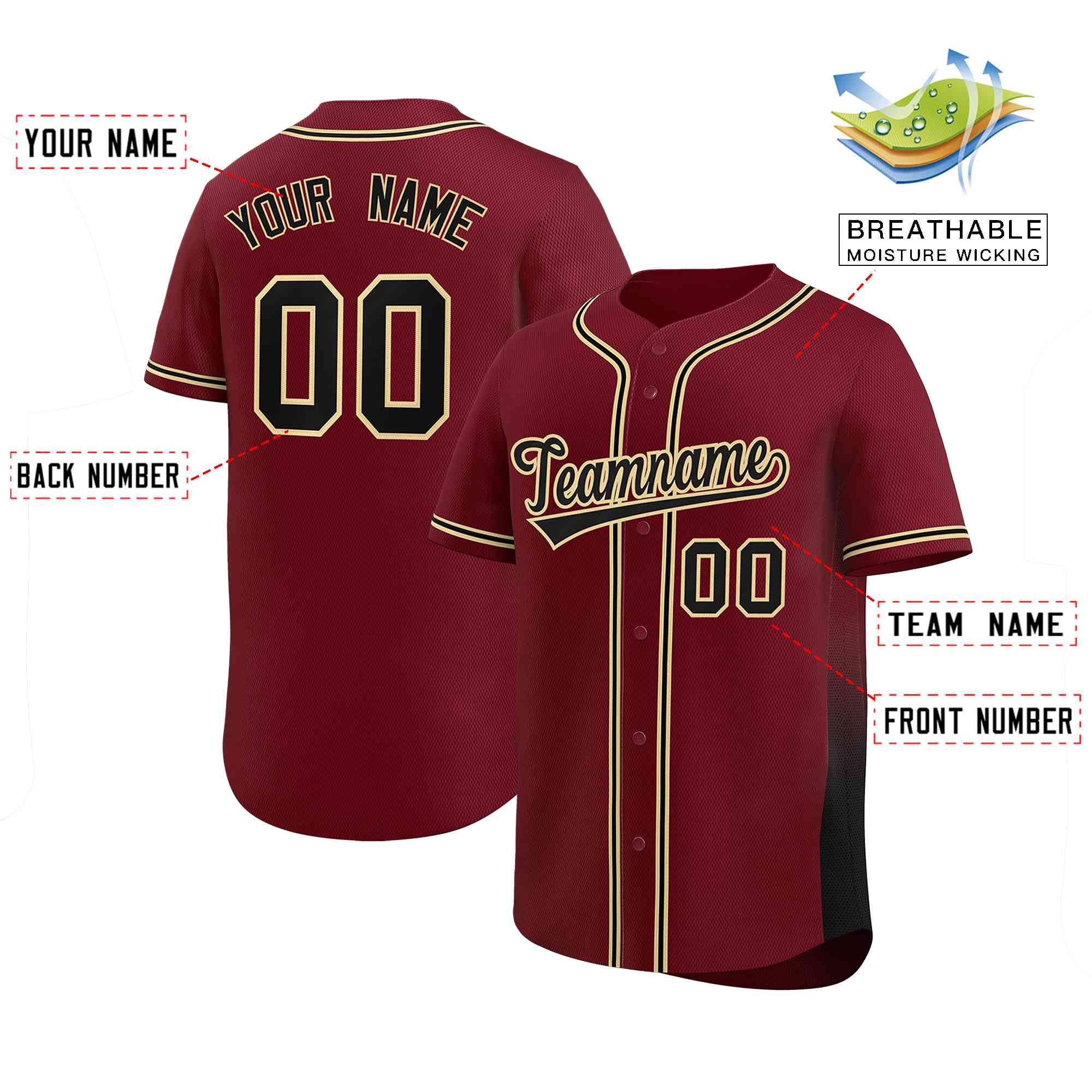 Custom Crimson Black Personalized Gradient Side Design Authentic Baseball Jersey