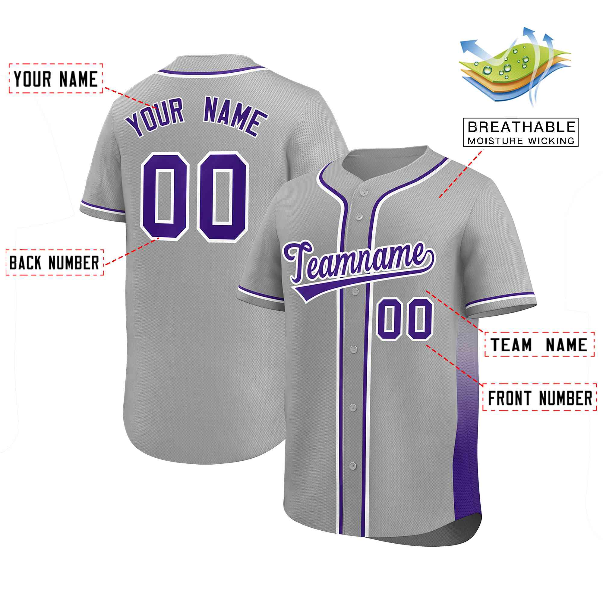 Custom Gray Purple Personalized Gradient Side Design Authentic Baseball Jersey