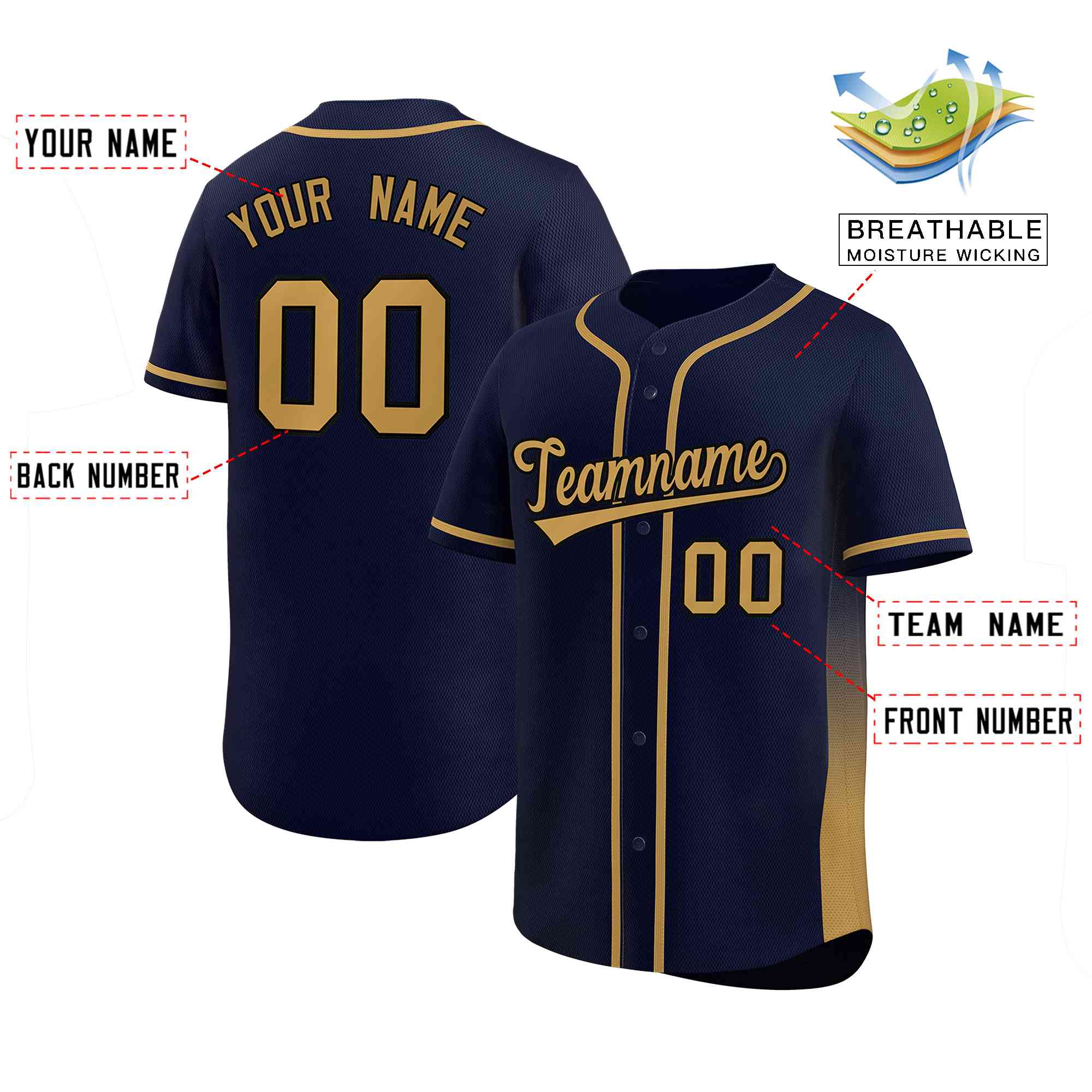 Custom Navy Old Gold Personalized Gradient Side Design Authentic Baseball Jersey