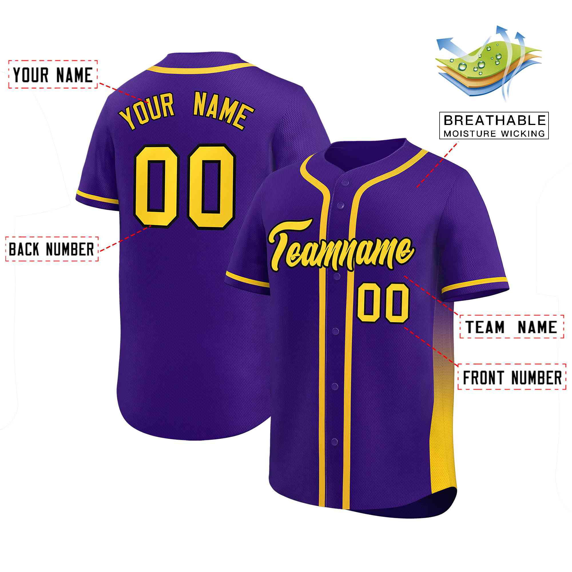 Custom Purple Gold Personalized Gradient Side Design Authentic Baseball Jersey