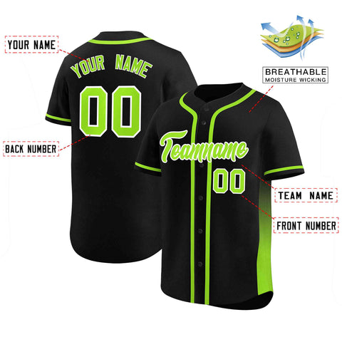 Custom Black Neon Green Personalized Gradient Side Design Authentic Baseball Jersey