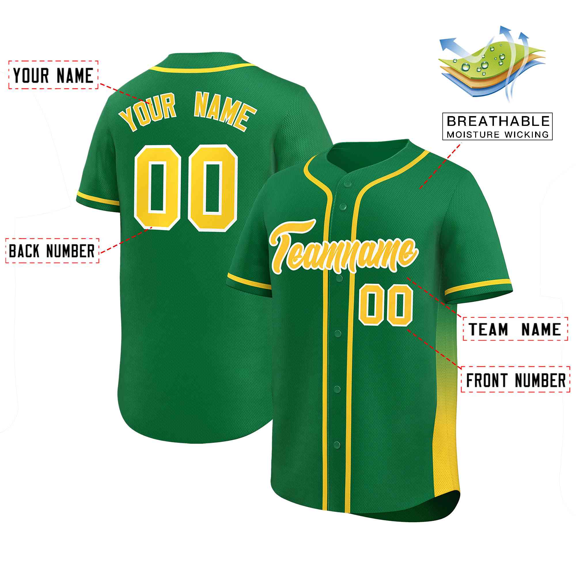 Custom Kelly Green Gold Personalized Gradient Side Design Authentic Baseball Jersey