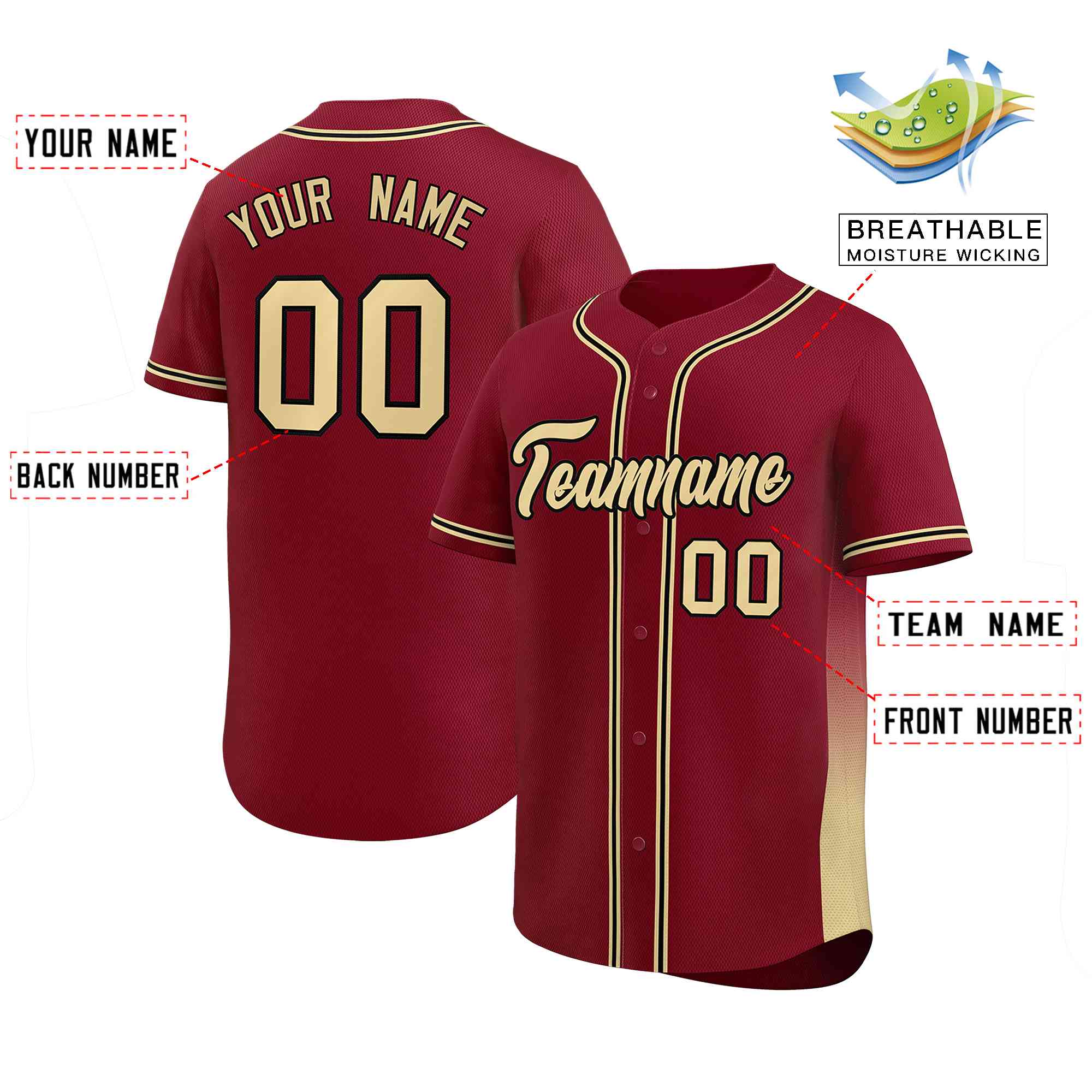 Custom Crimson Khaki Personalized Gradient Side Design Authentic Baseball Jersey