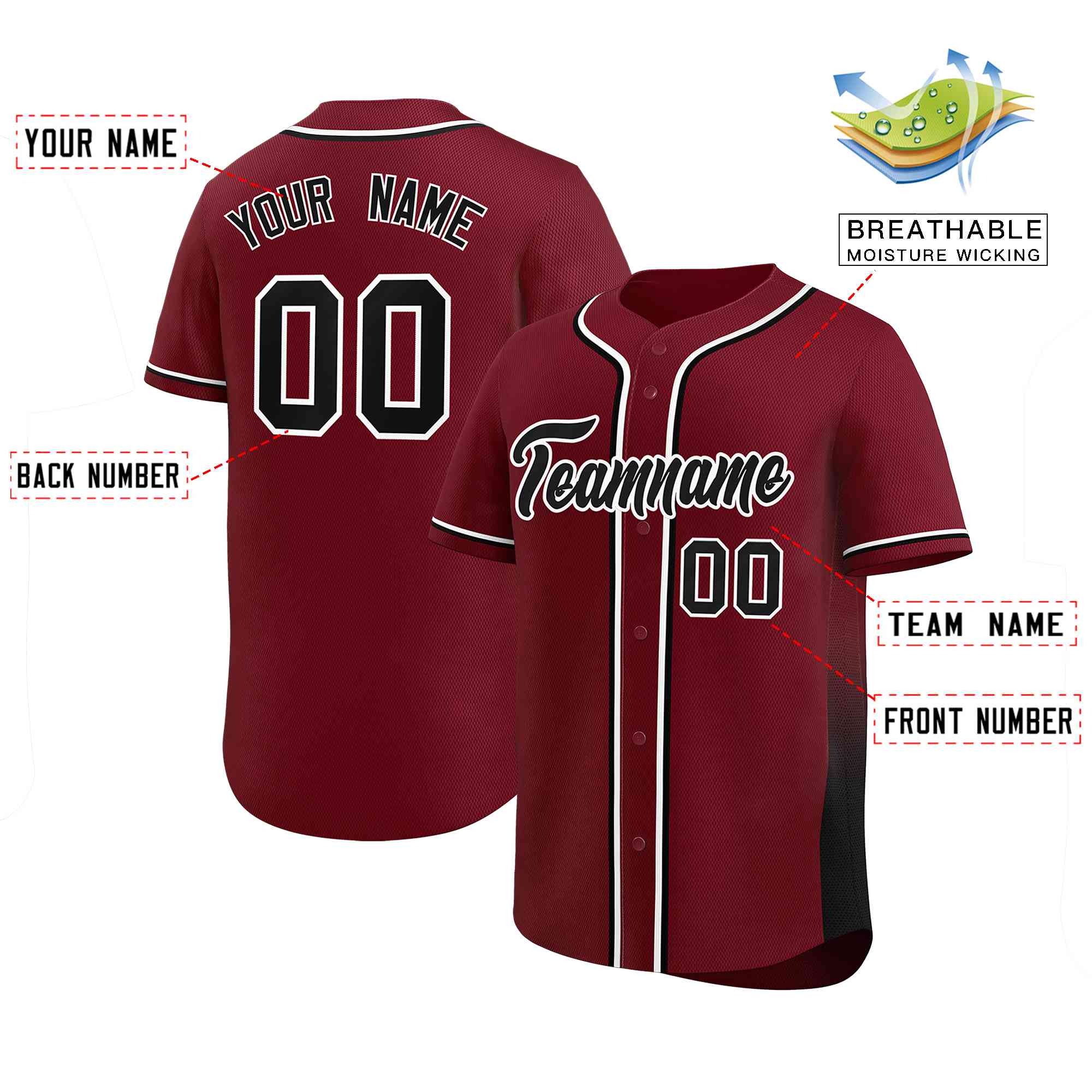 Custom Crimson Black Personalized Gradient Side Design Authentic Baseball Jersey