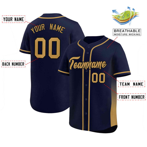 Custom Navy Old Gold Personalized Gradient Side Design Authentic Baseball Jersey
