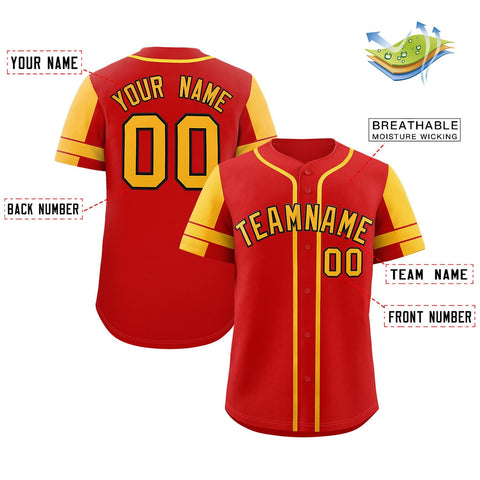 Custom Red Gold Personalized Raglan Sleeves Authentic Baseball Jersey