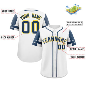 Custom White Navy Personalized Raglan Sleeves Authentic Baseball Jersey