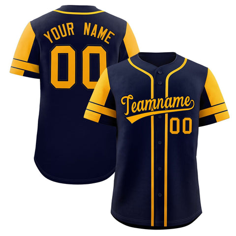Custom Navy Gold Personalized Raglan Sleeves Authentic Baseball Jersey