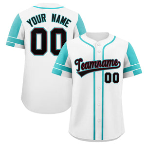 Custom White Aqua Personalized Raglan Sleeves Authentic Baseball Jersey