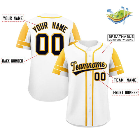 Custom White Gold Personalized Raglan Sleeves Authentic Baseball Jersey