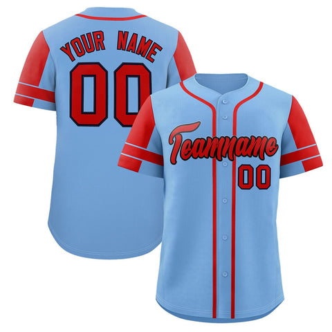 Custom Powder Blue Red Personalized Raglan Sleeves Authentic Baseball Jersey