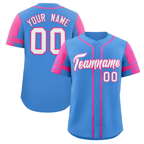 Custom Powder Blue Pink Personalized Raglan Sleeves Authentic Baseball Jersey