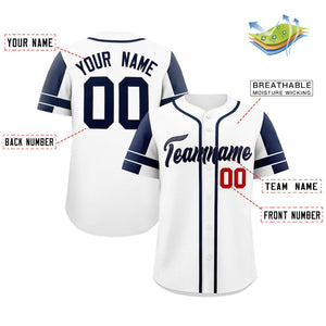 Custom White Navy Personalized Raglan Sleeves Authentic Baseball Jersey