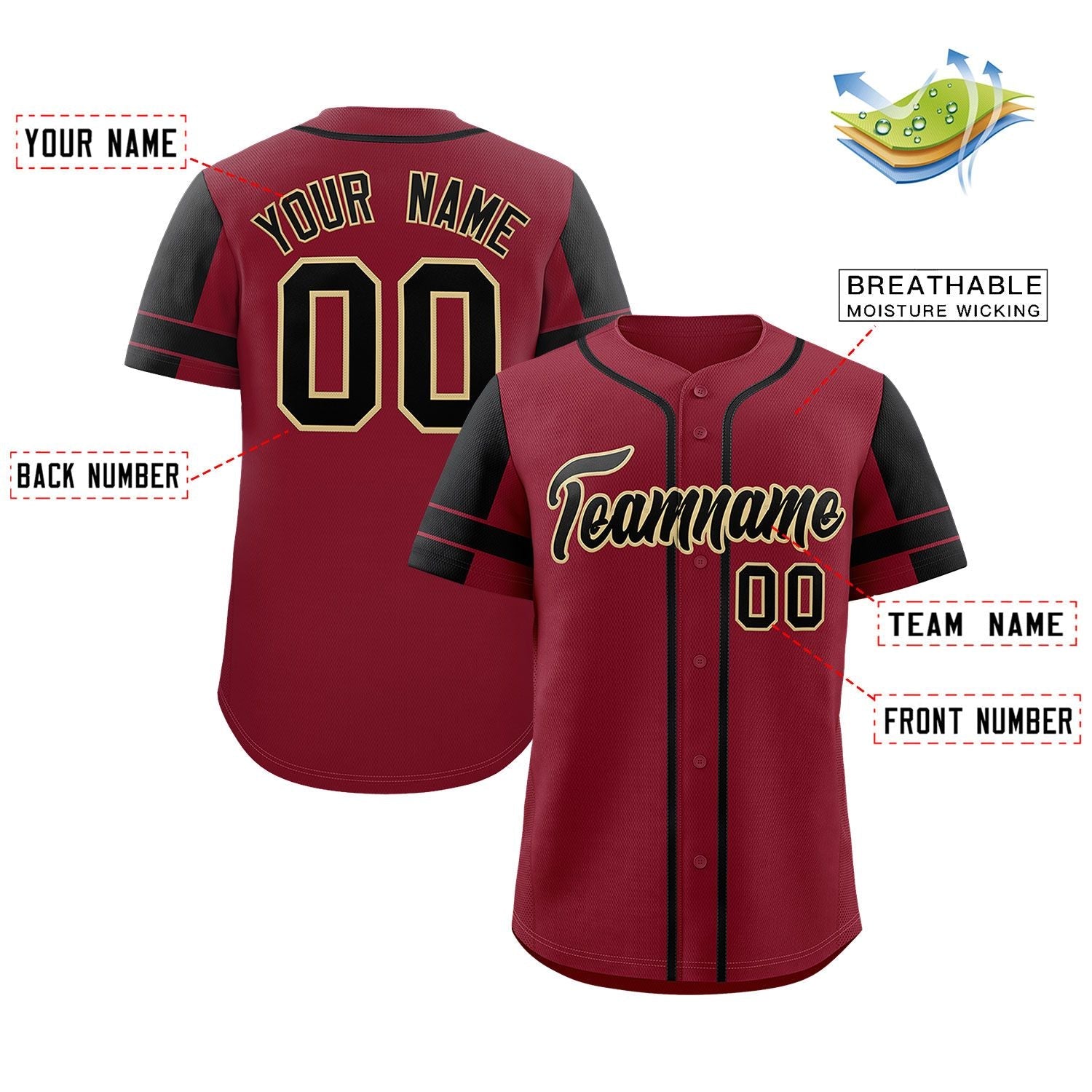 Custom Crimson Black Personalized Raglan Sleeves Authentic Baseball Jersey