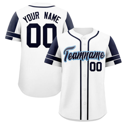 Custom White Navy Personalized Raglan Sleeves Authentic Baseball Jersey