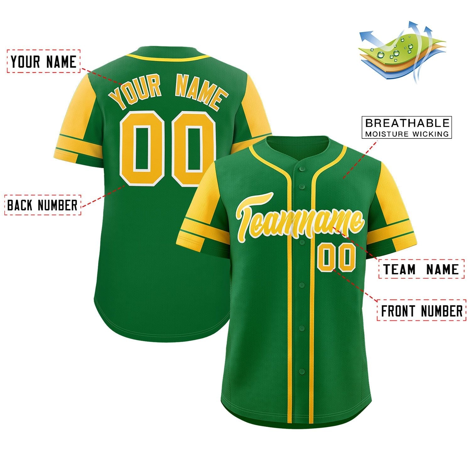 Custom Kelly Green Gold Personalized Raglan Sleeves Authentic Baseball Jersey