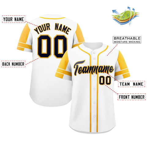 Custom White Gold Personalized Raglan Sleeves Authentic Baseball Jersey