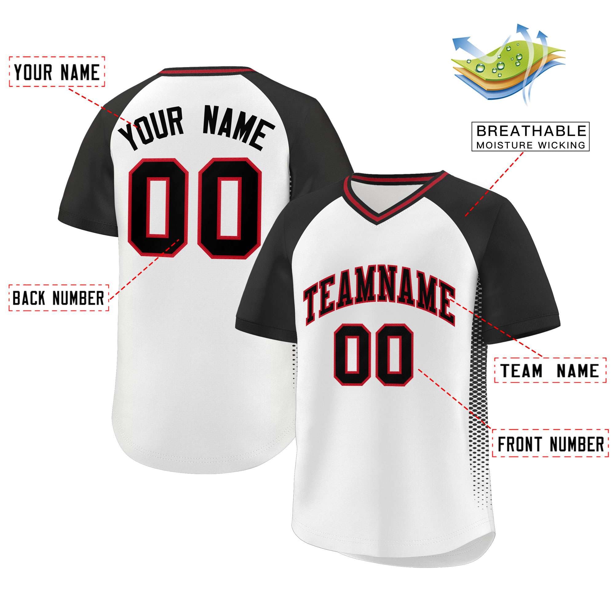 Custom White Black Raglan Sleeves Side Spot Authentic Pullover Baseball Jersey